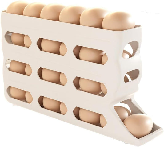 4-Tier Refrigerator Egg Holder, Automatic Gravity-Fed Rolling Egg Dispenser with Easy-Load Design, Space-Saving Fridge Organizer for Up to 30 Eggs, Kitchen & Pantry Storage Container (White) (white)