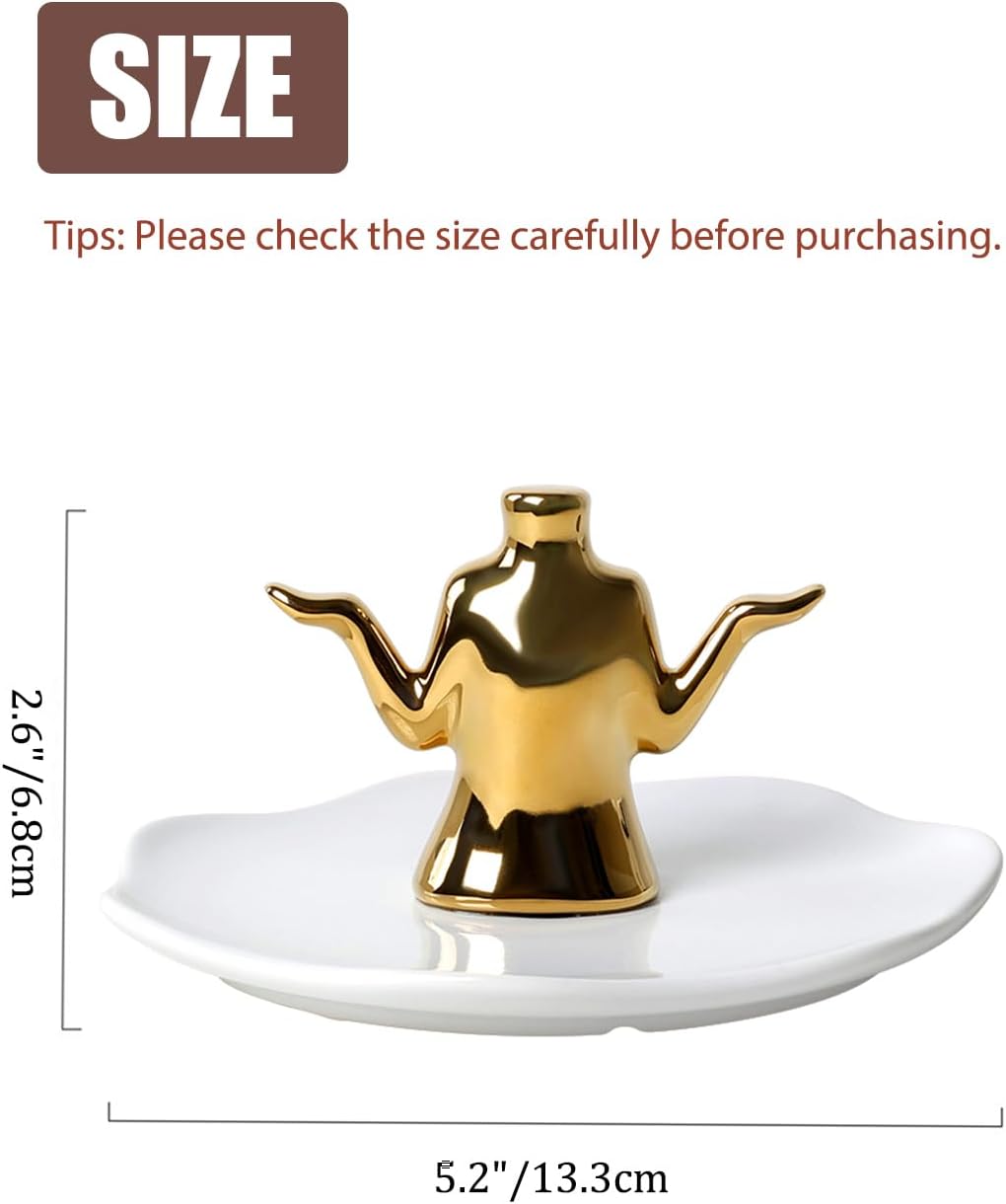 Gold Jewelry Holder with Tray – Ceramic Ring Dish, Earring Stand, Necklace & Bracelet Organizer – Decorative Trinket Dish Jewelry Organizer for Vanity, Dresser, or Nightstand