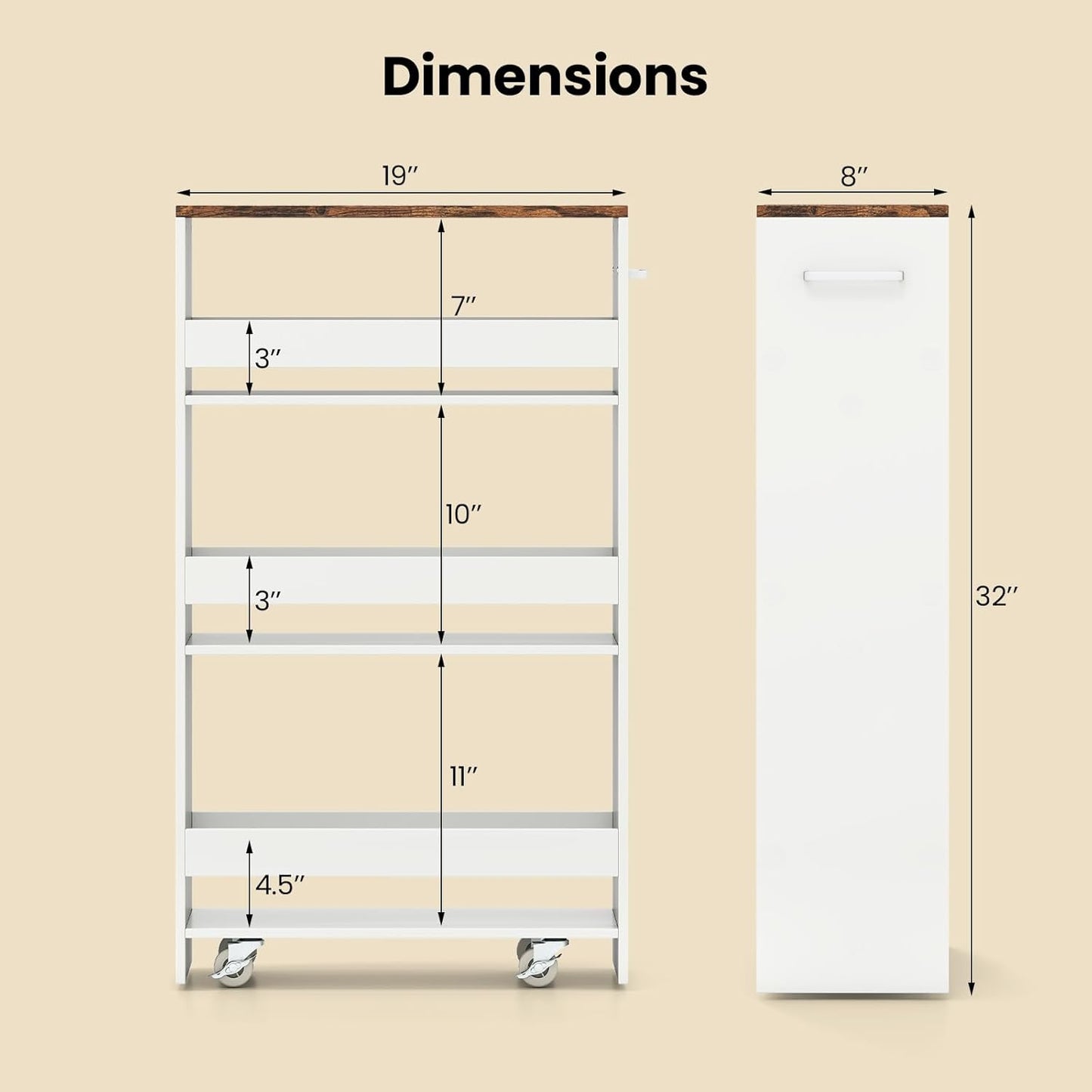 Small Kitchen Cart, 4-Tier Slim Rolling Island w/Handle, Laundry Room Storage Organizers Between Washer and Dryer, Narrow Spice Rack on Wheels Next to Fridge (White & Rustic Brown, 8'')
