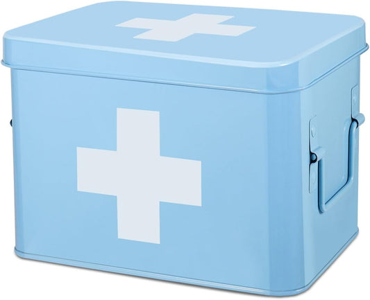 Flexzion First Aid Organizer, 8.5 Inch Blue Vintage Metal Kit Tin With Dividers, Removable Tray and Cross Logo - Empty Medical Storage Container
