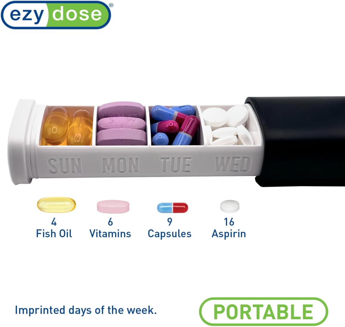 EZY DOSE Slide Pill Organizer, BPA-Free Medication Storage Case with Durable BPA-Free Plastic with Plastic Exterior, Large 7-Day Weekly Compartments, Tablets, Vitamins, Compact, 6.5-Inch, Black
