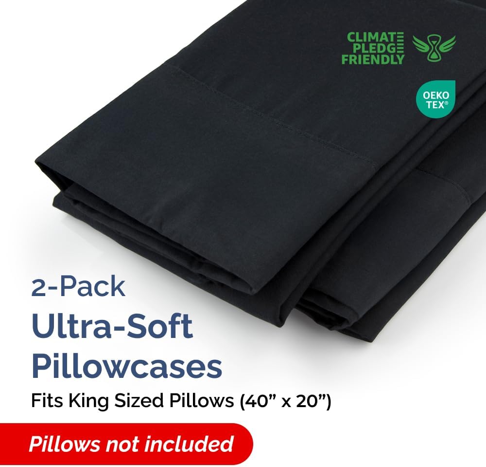 King Pillow Cases - 2 Pack - Super Soft Pillowcase Covers - Envelope Enclosure - Hotel Quality Pillow Protectors - Wrinkle Free, Fade, Shrink & Stain Resistant - Machine Washable - 20" x 40" (Black)