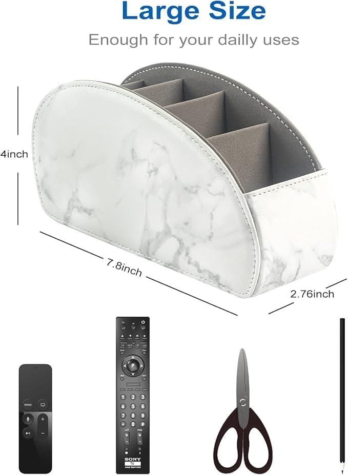 Remote Control Holder with 5 Compartments – [Upgrade Version] PU Leather Remote Caddy Desktop Organizer Store TV, DVD, Blu-Ray, Media Player, Smart Phones, Heater Controllers(Marble white)