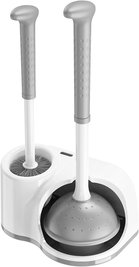 Toilet Brush and Plunger Set: 2-in-1 Heavy Duty Toilet Plunger and Bowl Brush Combo with Holder for Bathroom Cleaning - White