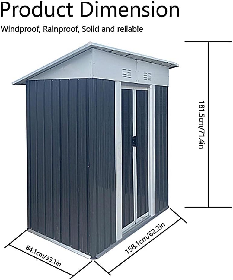 5' x 3' Outdoor Metal Storage Shed Outdoor Shed Galvanized Steel Garden Shed with Sliding Door and Window for Ventilation Storage Sheds House for Backyard Garden.（Grey）