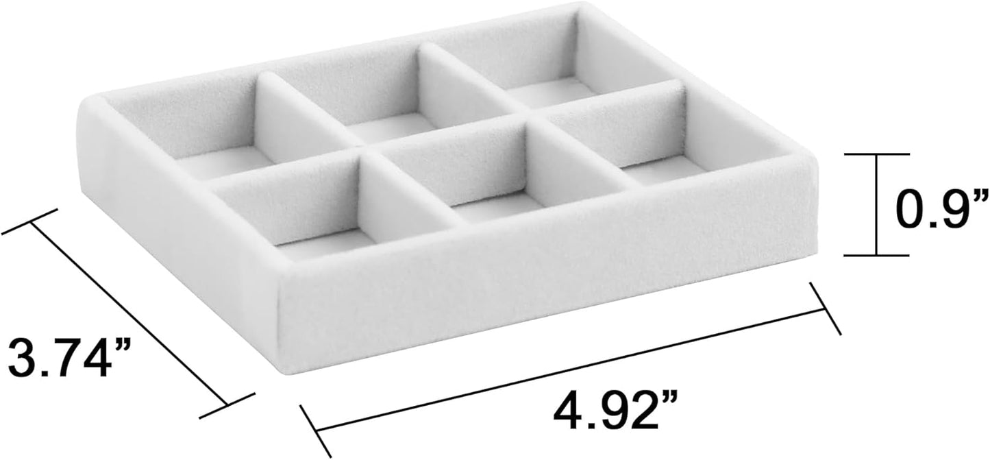 Frebeauty Small Jewelry Tray Set,Stackable Velvet Jewelry Organizer Tray,Mini Jewelry Drawer Organizer,Drawer Inserts,4.92 x 3.74 x 0.9 Inches,6 Grid Earring Organizer for Women(Set 2,White)