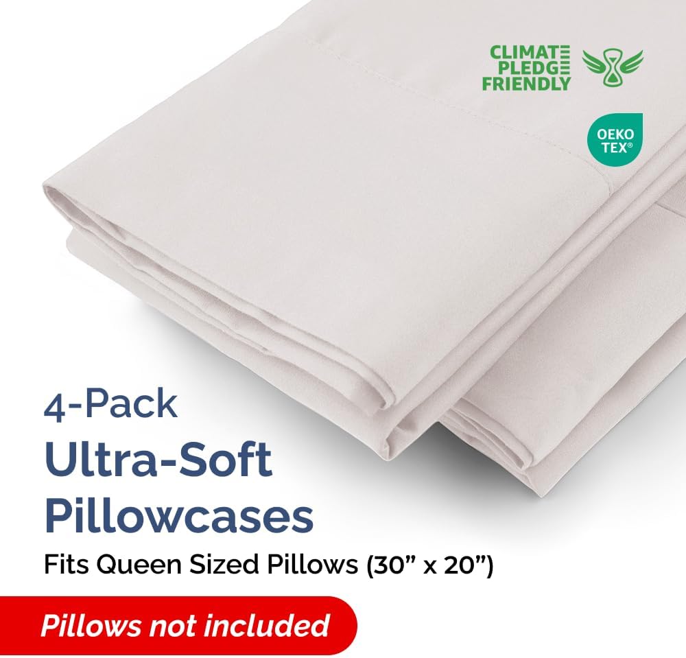 Queen Pillow Cases - 4 Pack - Super Soft Pillowcase Covers - Envelope Enclosure - Hotel Quality Pillow Protectors - Wrinkle Free, Shrink & Stain Resistant - Machine Washable - 20" x 30" (Light Grey)