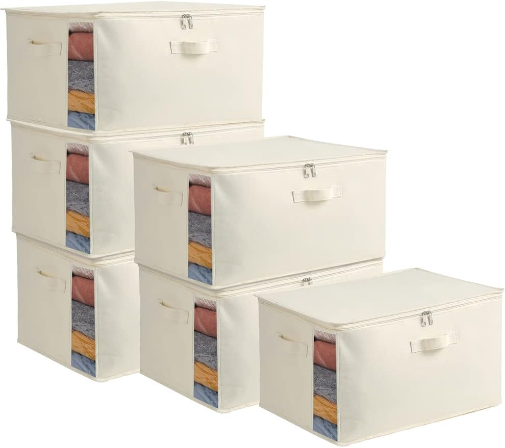 6-Pack Large Canvas Comforter Storage Bags Closet Organizer for Clothes Sweater Clothes Organizer with Dual Zipper Three Carrying Handles for Blanket Closet Storage Container