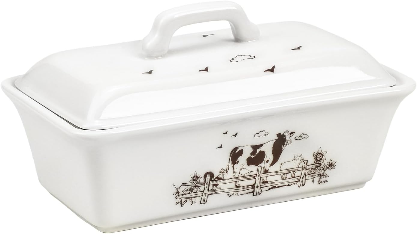 Ceramic Butter Dish with Lid Butter Keeper Butter Plate Tray for Kitchen Countertop, Farm Animals Cow Pig and Rooster Pattern Butter Crock Keeper Saver
