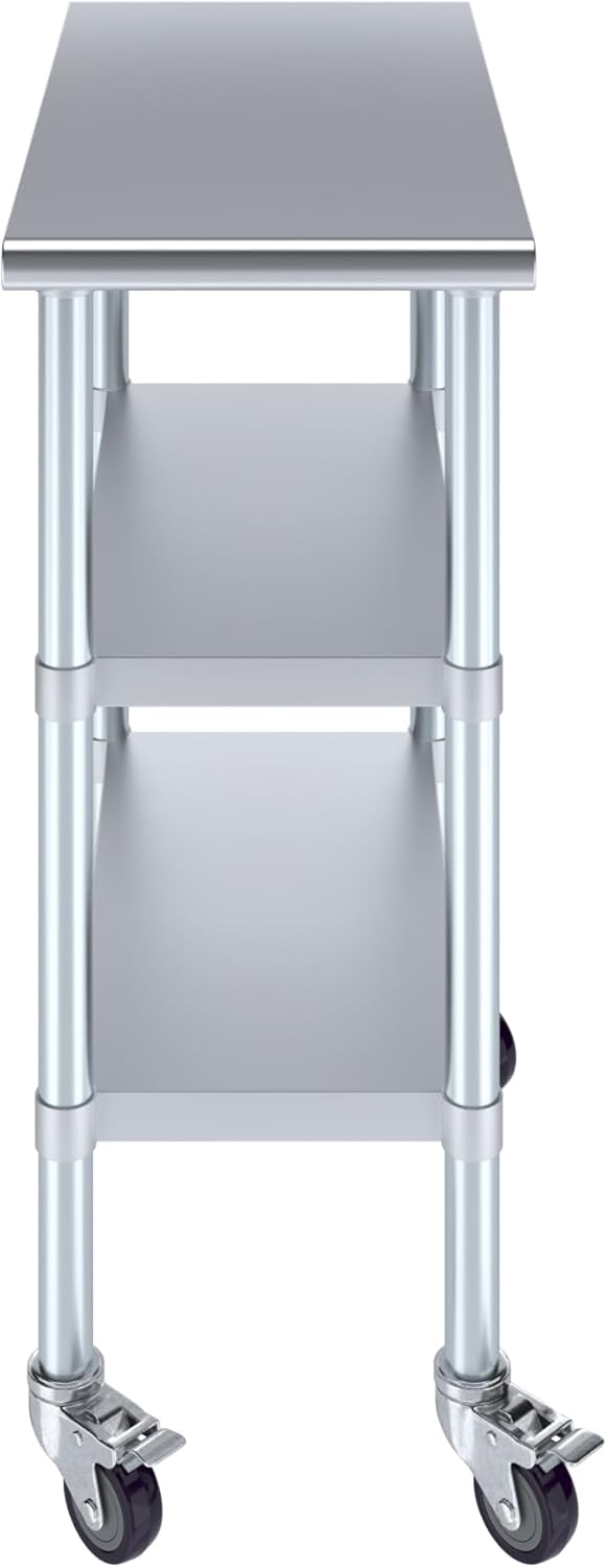 AmGood Stainless Steel Work Table with 2 Shelves and Casters | Metal Utility Table On Wheels (Stainless Steel Work Table with 2 Shelves + Casters, 15" Long x 30" Deep)