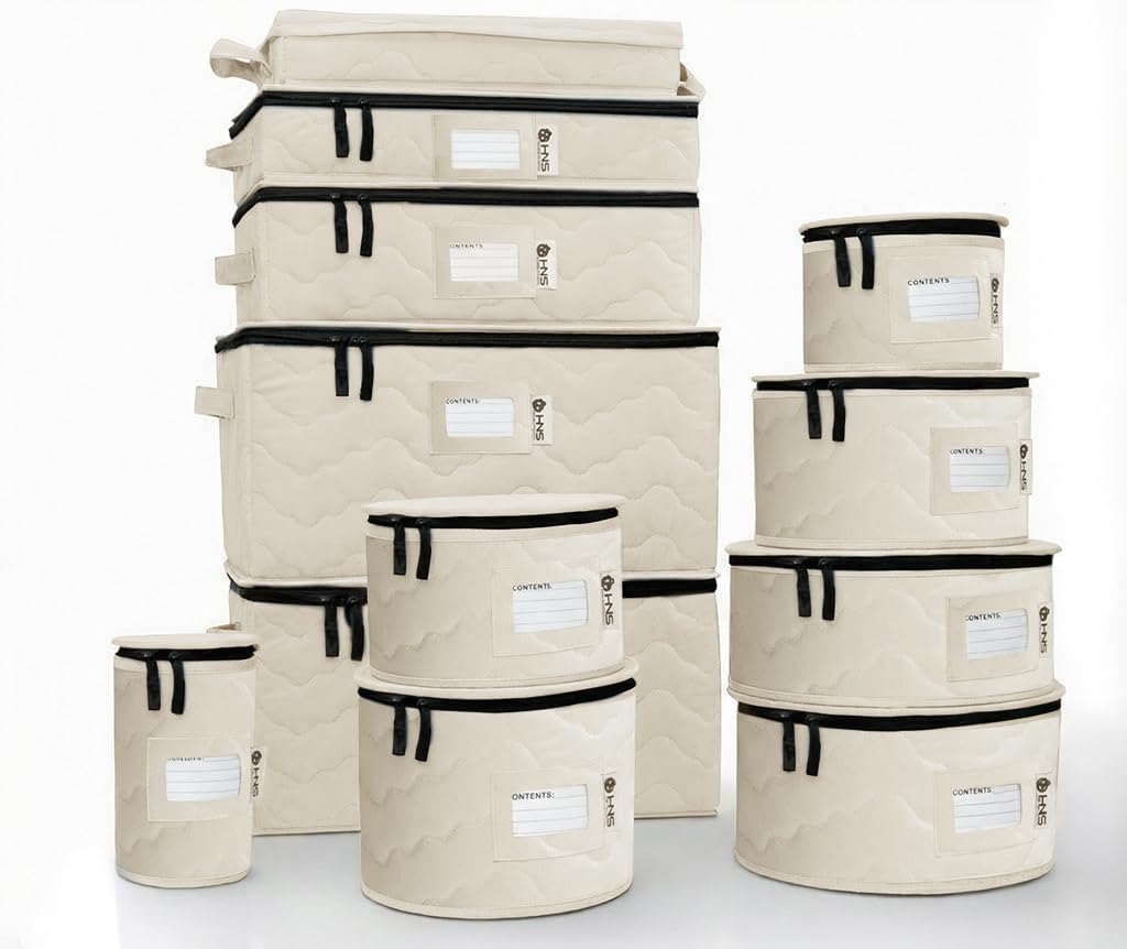 Hard Shell China Storage Containers 12-Piece Set Moving Boxes for Dinnerware, Glasses, Plates, Mugs and Saucers Sturdy Dish Organizer with Dividers for Seasonal Storage - Service for 12 -Beige Quilted