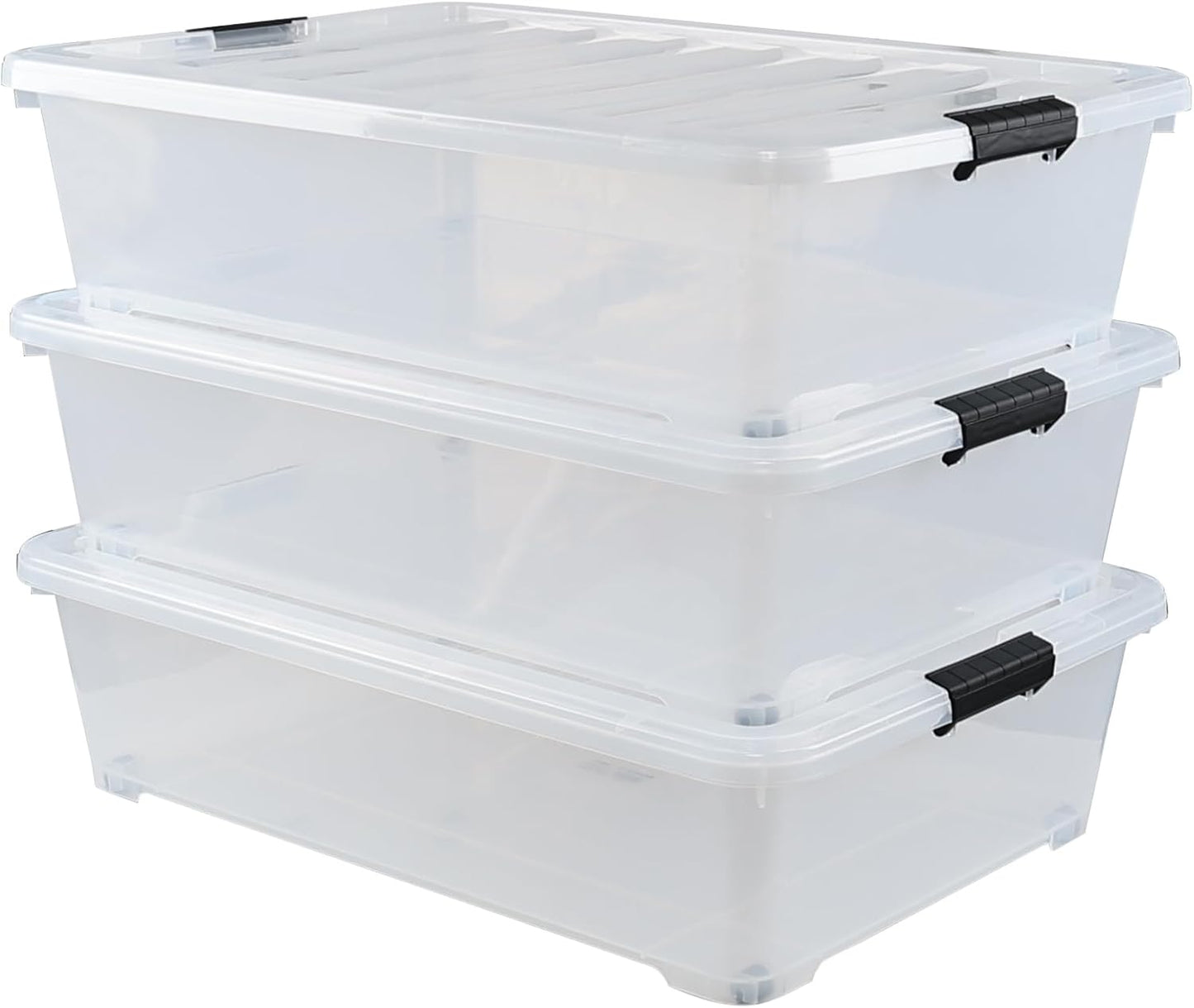 50 Quart Large Clear Underbed Boxes with Wheels, Stackable Plastic Storage Bin with Lids, 3 Packs