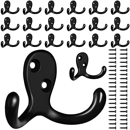 20 Pack Coat Hooks Wall Hooks for Hanging, Heavy Duty Double Prong Metal Hook Wall Mounted for Living Room, Bathroom, Kitchen, Bedroom for Coat, Bag, Scarf, Towel, Hat, Key, Cup (Black)