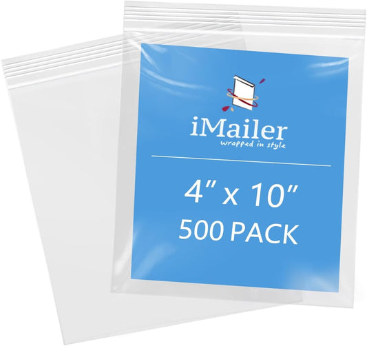 iMailer - 4" x 10" 500 Pack- 2 Mil Resealable Zip Bags- Small Clear Plastic Bags for Storage, Organizing, Crafts, Snacks, Jewelry, Hardware
