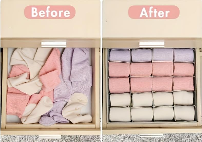 4 Piece Drawer Organiser,Collapsible Non-Woven Sorting Box,Closet Divider For Underwear,Socks,Bras,Ties (Khaki)