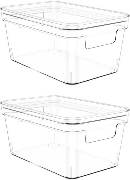 MOONEDGE Clear Plastic Storage Bins with Lids – Stackable Organizer Containers for Fridge, Kitchen, Pantry, Bathroom, Closet, Laundry Room, Office – 2 Pack (10×6×5 in)