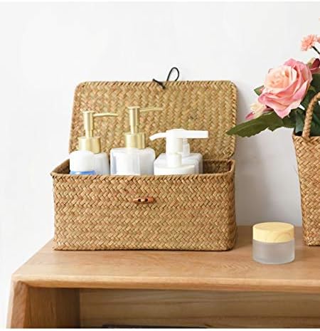 DOKOT Rectangular Handwoven Seagrass Small Storage Basket with Lid for Shelves and Home Organizer Bins,S (10.2"x5.5"x4.3"H), Yellow