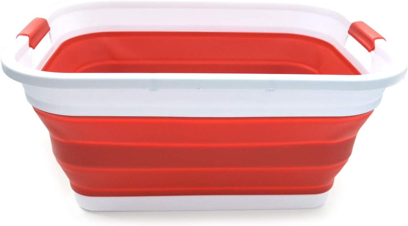 SAMMART 41L (10.8 gallon) Collapsible Plastic Laundry Basket-Foldable Pop Up Storage Container/Organizer-Portable Washing Tub-Space Saving, Water capacity: 32L (8.4 gallon) (Rectangular, Red)