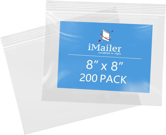 iMailer- 8" x 8" 200 Pack- 2 Mil Resealable Zip Bags- Clear Plastic Bags with Zip Top Lock for Storage, Organizing, Crafts, Travel