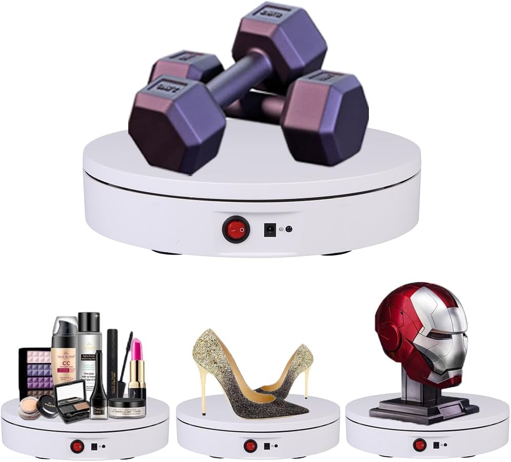 JAYEGT Motorized Rotating Display Stand，180Lbs Load，360 Degree Electric Rotating Turntable for Photography Products Display，Live Show,Remote Control +5 Colors Backgrounds(White / 8.66inch / Rechargeable)