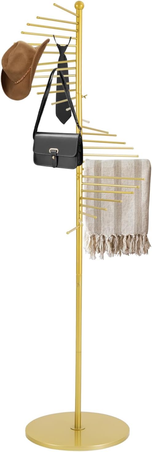 Scarf Organizer, 67" Freestanding Scarf Display Rack 30 Tiers Metal Spiral Scarf Holder Hijab Organizer Stand Belt Pants Hanger Space Saving Shelves for Clothing Store Home (Gold)