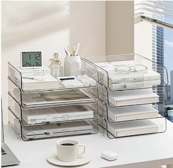 4-Tier Transparent Desktop Organizer with Stackable A4 Document Trays,Ideal for Organizing Desk Accessories,Sticky Notes,and Pens