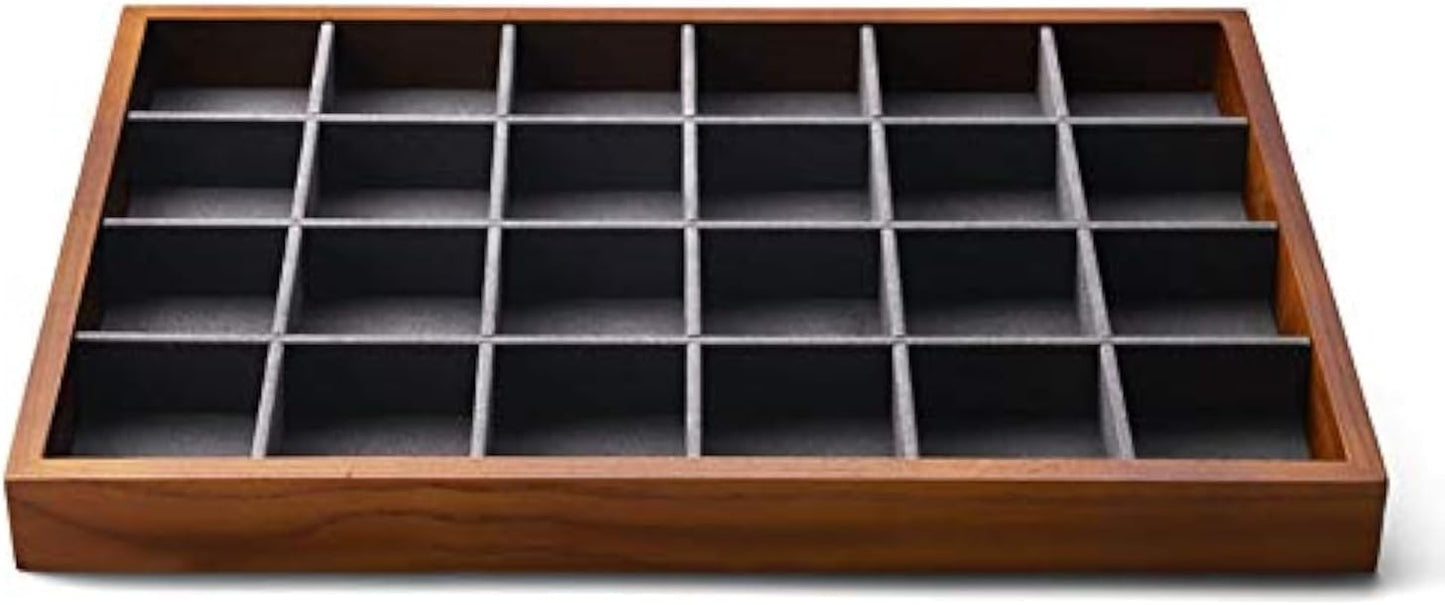 Oirlv 24 Grid Wood Jewelry Tray Microfiber Interior Jewelry Drawer Organizer Showcase Display Box Ring Earrings Holder(Grey)