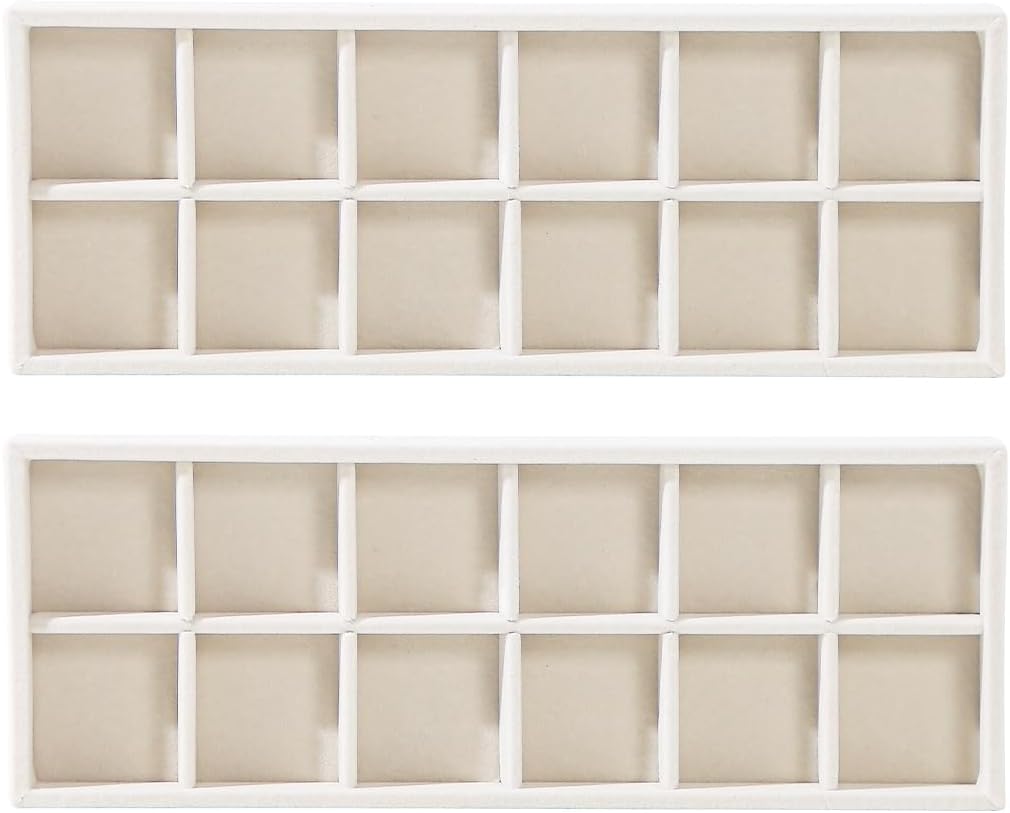 2Pcs Desk Drawer Storage Tray, Nightstand Organizer Tray, Necklace Bracelet Ring Earring Jewelry Display Tray, Grid Table Organizer Holder Tray for Sunglass, Phone, Watch, Perfume (12 grid)/Beige