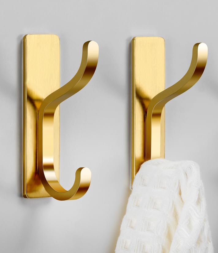 pickpiff Adhesive Wall Hooks for Hanging Towels: Brushed Gold Stainless Steel, 13LB Strong Hold Sticky Hangers for Coats, Purses,Bags, Keys - Bathroom, Kitchen, Door, Shower, Dorm, RV - 6 Pack