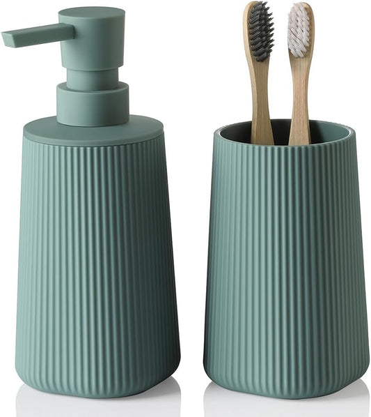Bathroom Accessories 2 Piece Soap Dispenser and Toothbrush Holder Set Striped Sage Green