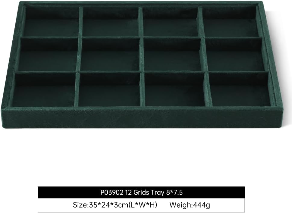 Velvet Stackable Jewelry Display Tray, 12 Grid Watch Bangle Bracelet Storage Tray, Makeup Drawer Insert Jewelry Shop Organizer Plate (Green)