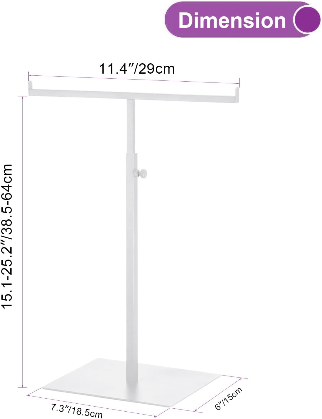 Purse Display Stand T Shaped, Countertop Jewelry/Scarf/Handbag T-Bar Display Stand, Tabletop Double Hook Hanging Stands for Long Necklaces, Metal with Adjustable Height - White