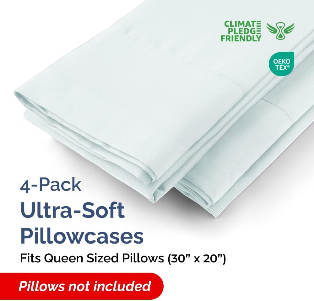 Queen Pillow Cases - 4 Pack - Super Soft Pillowcase Covers - Envelope Enclosure - Hotel Quality Pillow Protectors - Wrinkle Free, Shrink and Stain Resistant - Machine Washable - 20" x 30" (Ice Blue)