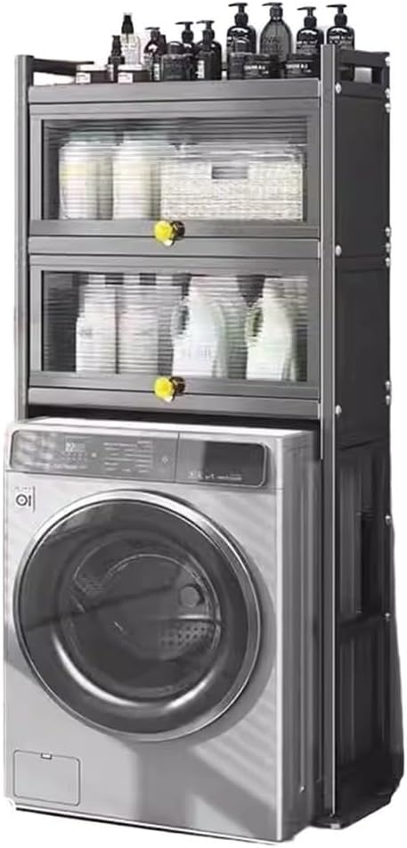 Over Washer and Dryer Storage Shelf Freestanding Laundry Room Organizer Cabinet Gap Shelf for Bathroom Utility Room with Doors Space Saver(Black)