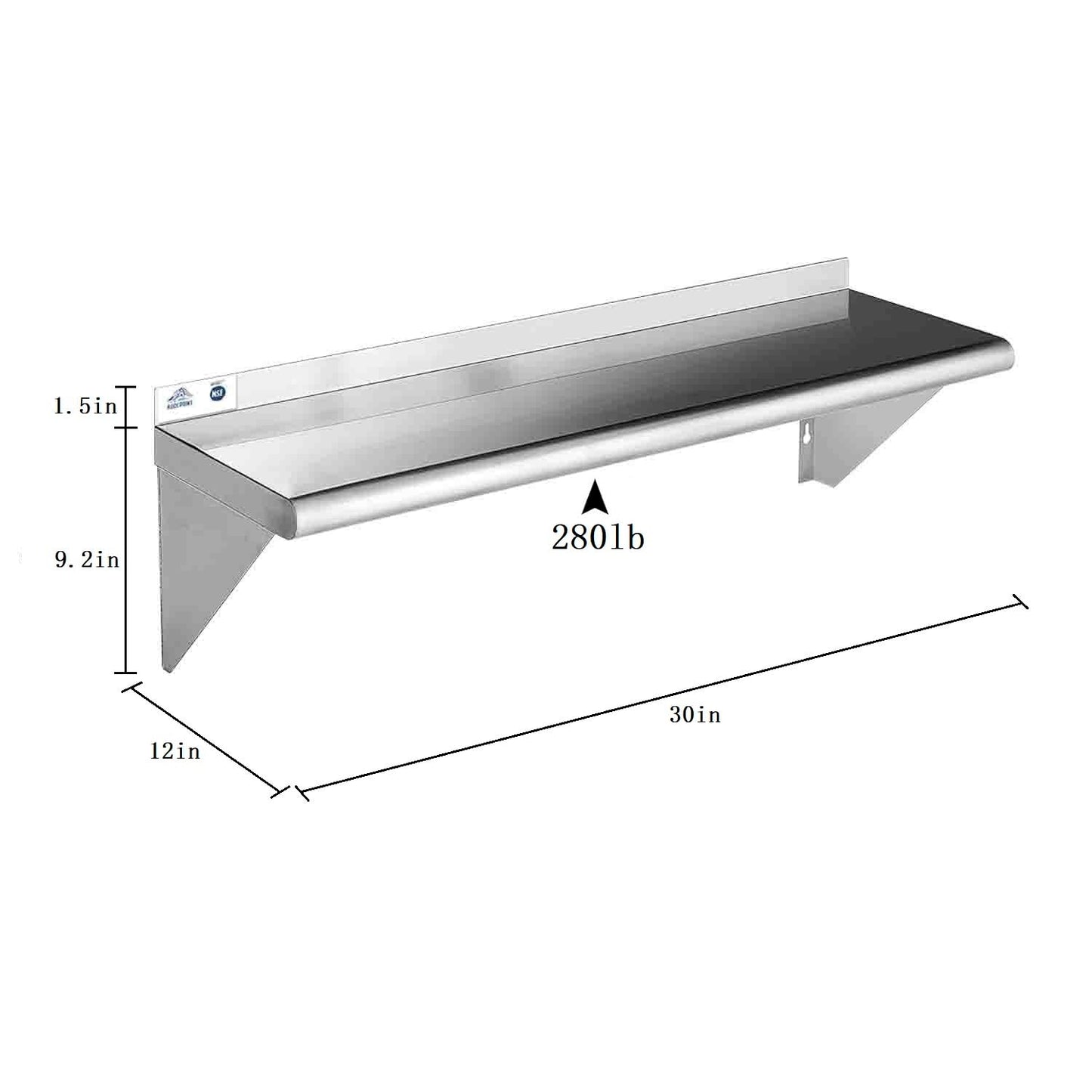 ROCKPOINT Stainless Steel Shelf 12 x 30 Inches 280lb, 2 Pack NSF Metal Commercial Shelves Wall Mount Floating Shelving with Backsplash for Restaurant, Kitchen, Home and Hotel, Silver