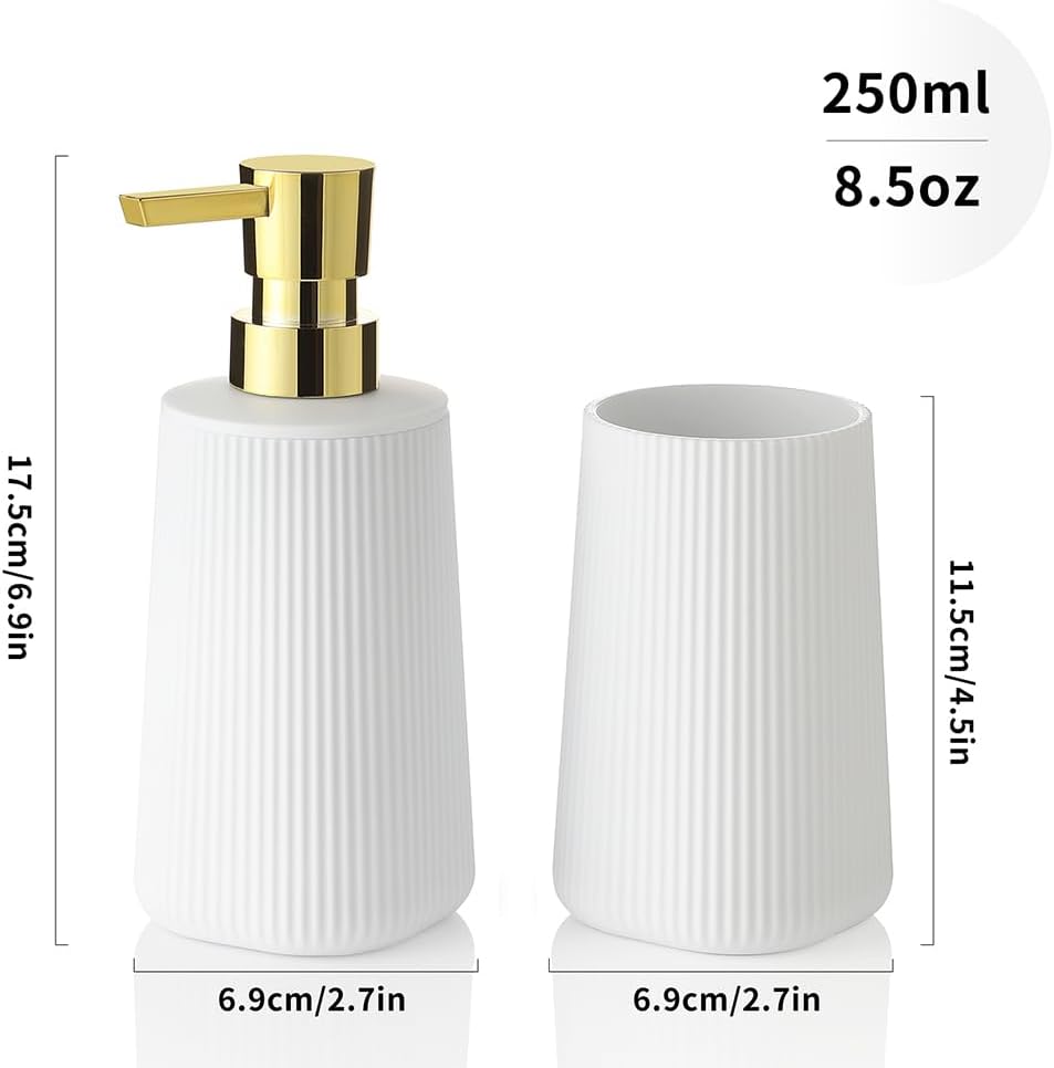Bathroom Accessories 2 Piece Soap Dispenser and Toothbrush Holder Set Striped White and Gold