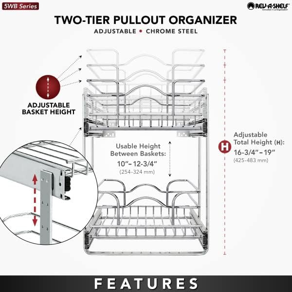 Rev-A-Shelf 2-Tier Kitchen Cabinet Pullout Shelf and Drawer Organizer Slide Out Pantry Storage Basket in Multiple Sizes, 12 x 18 In, 5WB2-1218CR-1