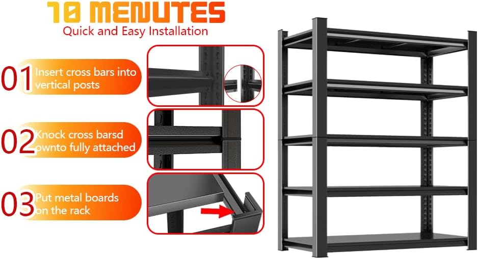 Garage Shelves,14-48''W Heavy-Duty Storage Shelves, Double-Layer Uprights, Thickened Shelves, Waterproof &Rustproof, Suitable for Indoor & Outdoor Use. (BLACK, 5TIER 45''W*16''D*72''H, 5-TIER)