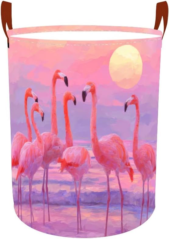 Laundry Baskets 15.7x19.7 Inch Large Pink Flamingo Sunset Beach Design Collapsible Laundry Hamper with Handles Oxford Fabric Clothes Storage Bin Foldable Dirty Clothes Organizer for Bedroom Bathroom