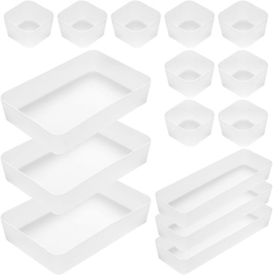 Poeland 15 Pcs Drawer Organizer Tray Storage Box for Bedroom Dresser Bathroom Kitchen, Frosted