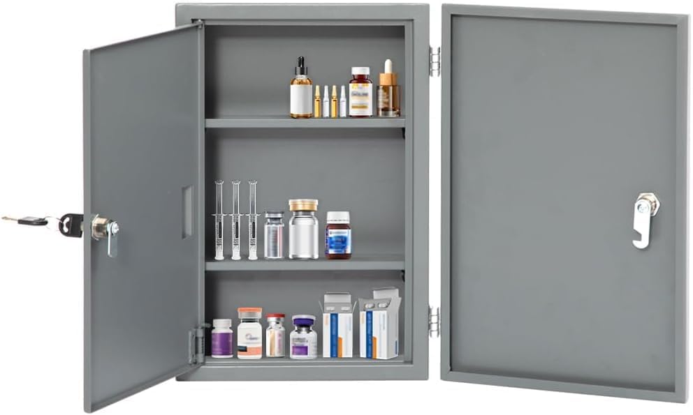 Yeeoy Wall Mounted Medicine Cabinet with Lock & Double Door, Locking Narcotics Safe, Secure Steel Drug Cabinet Steel First Aid Medical Lock Box for Home School Office