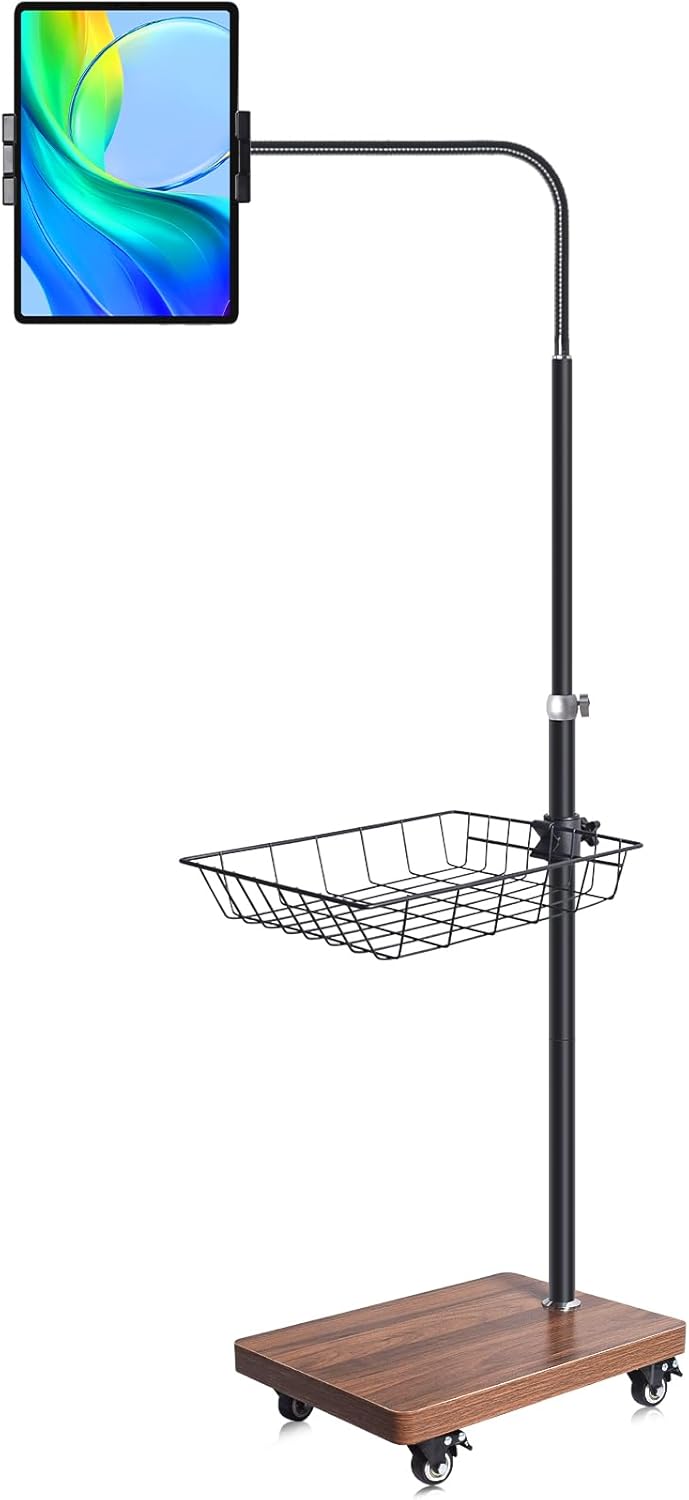 wishacc Adjustable Floor Tablet Stand with Rolling Base, Flexible Gooseneck Mount, Wood Platform, Mobile Device Holder for Indoor Use