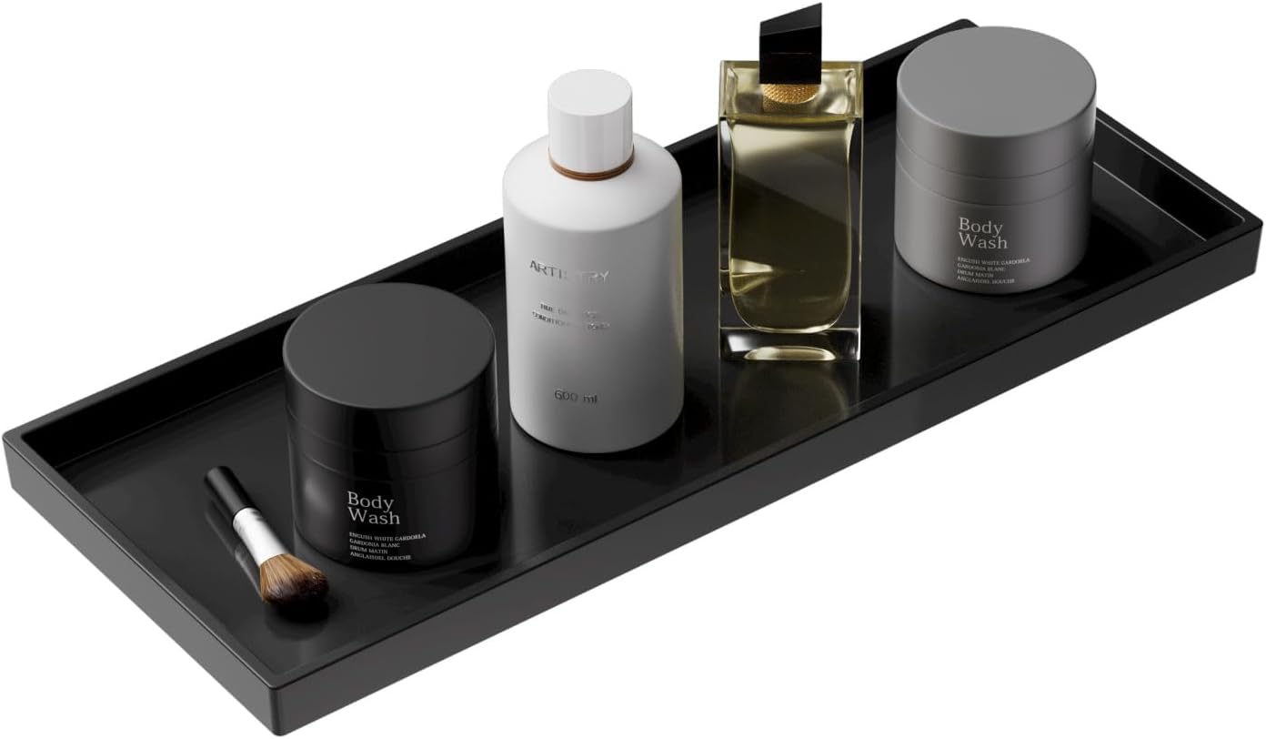 Vanity and Bathroom Tray, 15" ABS Countertop Organizer,Waterproof Vanity Tray for Toilet Tank,Perfume,Soap,Keys,Bathroom Accessories,Kitchen and Bath Trays,Non Slip Small Trays,Black