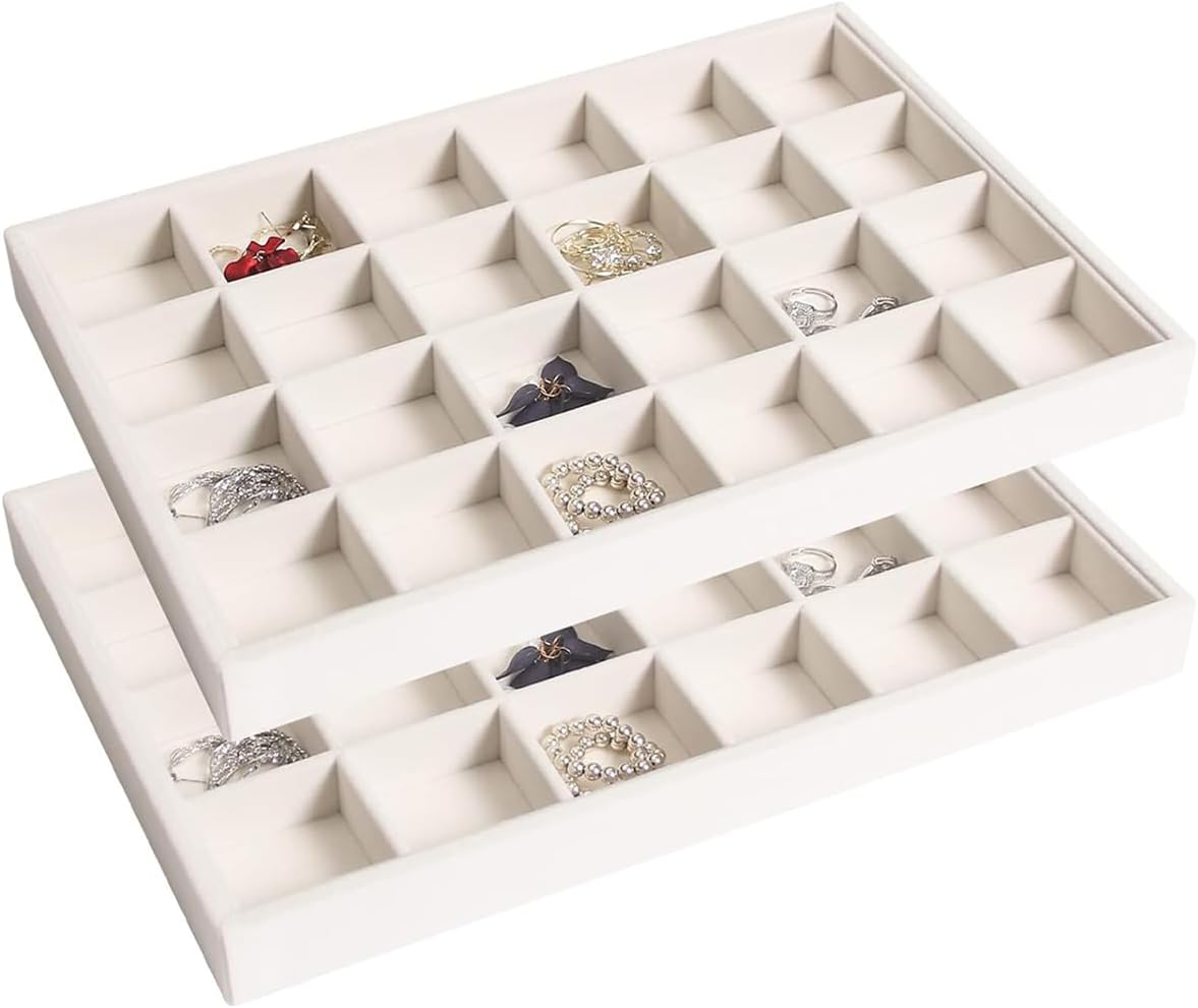 2pcs/Set Velvet Jewelry Tray, 24 Grids Large Storage Tray for Bracelet Bangle Beads Display, Jewellery Organizer Box Tray for Home Drawer or Shop Store Selling Show (Beige Velvet)