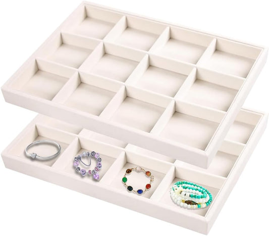 2pcs/Set Velvet Jewelry Tray, 12 Grids Large Storage Tray for Bracelet Bangle Beads Display, Jewellery Organizer Box Tray for Home Drawer or Shop Store Selling Show (Beige Velvet)