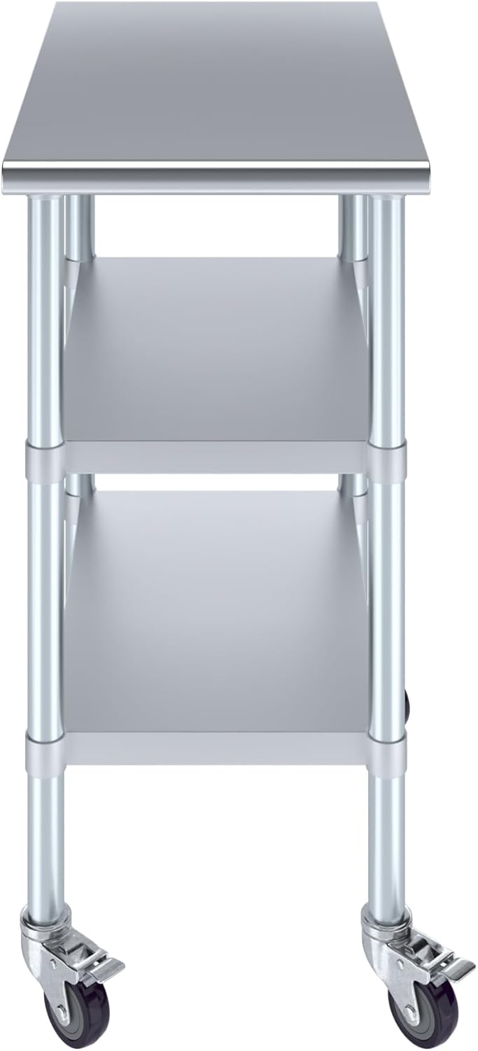 AmGood Stainless Steel Work Table with 2 Shelves and Casters | Metal Utility Table On Wheels (Stainless Steel Work Table with 2 Shelves + Casters, 18" Long x 30" Deep)