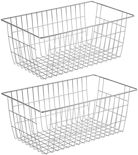 Wire Storage Baskets Freezer Organizing Bins Pantry Food Storage Organizer Metal Basket Wire Grid Design for Cabinets, Pantry, Closets, Freezer, Bedrooms,Kitchen, Set of 2, Chrome