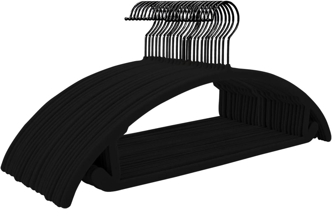 MIZGI Premium Velvet Hangers 50 Pack Heavyduty- Non Slip No Shoulder Bump Suit Hanger - Black Hooks,Space Saving Clothes Rounded Shape for Coat,Sweater,Jackets,Pants