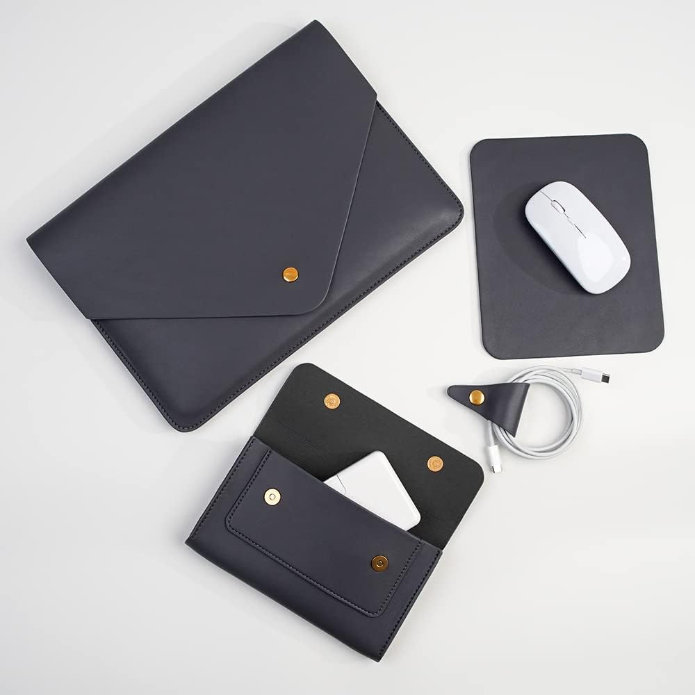 PU Leather Laptop Sleeve 13 Inch Compatible for 2024 13inch MacBook Air M3,13 MacBook Pro M2, Surface Pro 3 4 5 6 7, Dell XPS 13 with Small Pouch, Mouse Pad and Cord Organizer Color Dark Grey