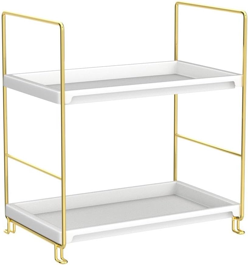 FSyueyun 2-Tier Bathroom Countertop Organizer, Tool-Less Installation Premium Plastics Makeup Shelf Organizer Perfume Skincare for Dresser Vanity Tray Organizers and Storage (Gold)